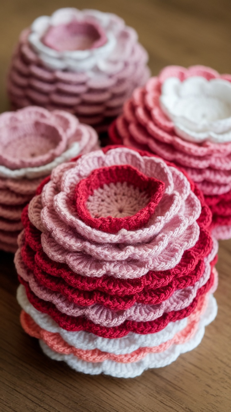 A collection of layered crochet flowers in shades of pink and red.