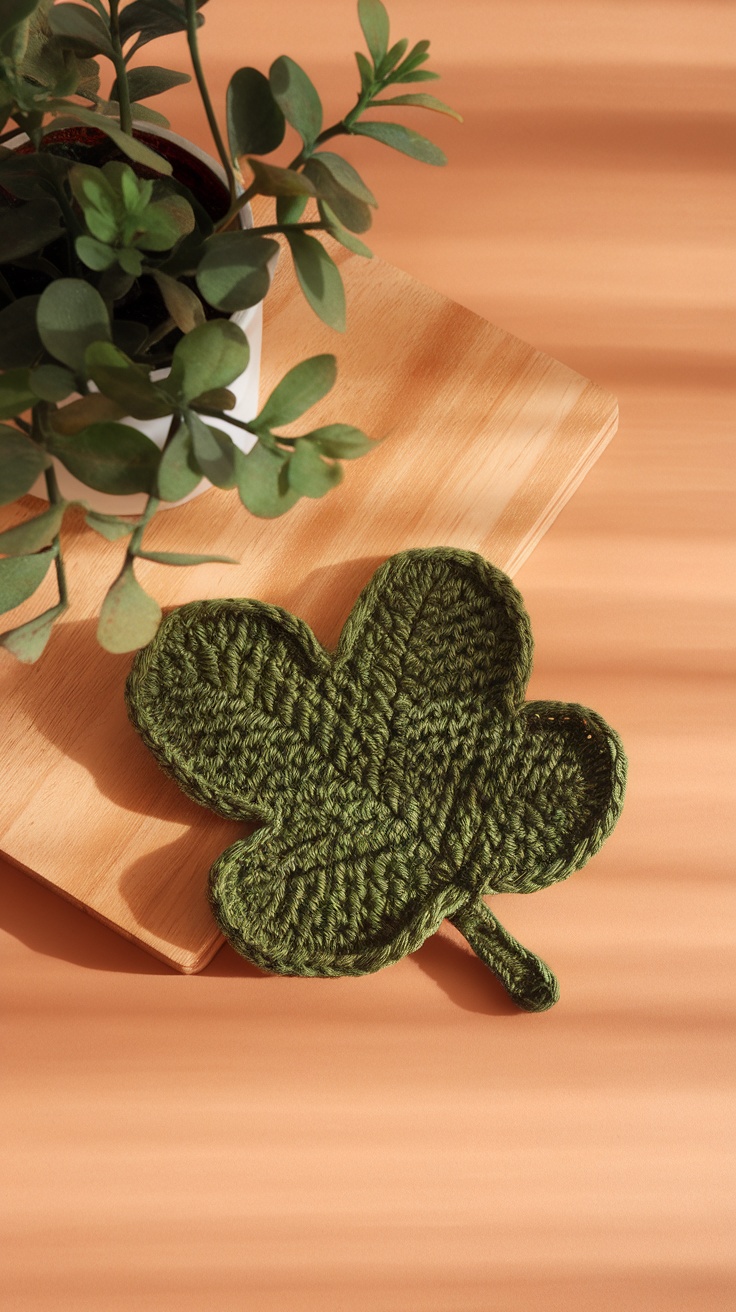 A green leaf-shaped crochet coaster on a wooden table with a plant in the background.