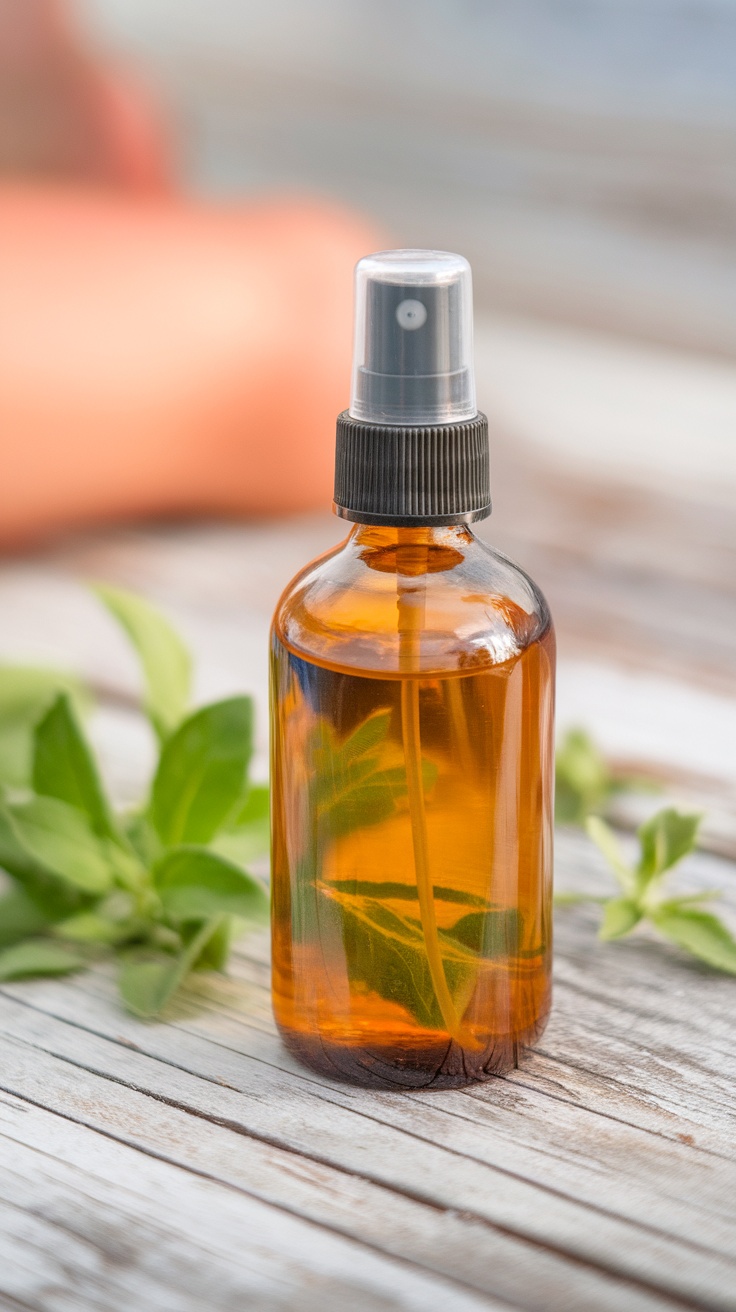 A brown spray bottle with lemon balm leaves beside it on a wooden surface.