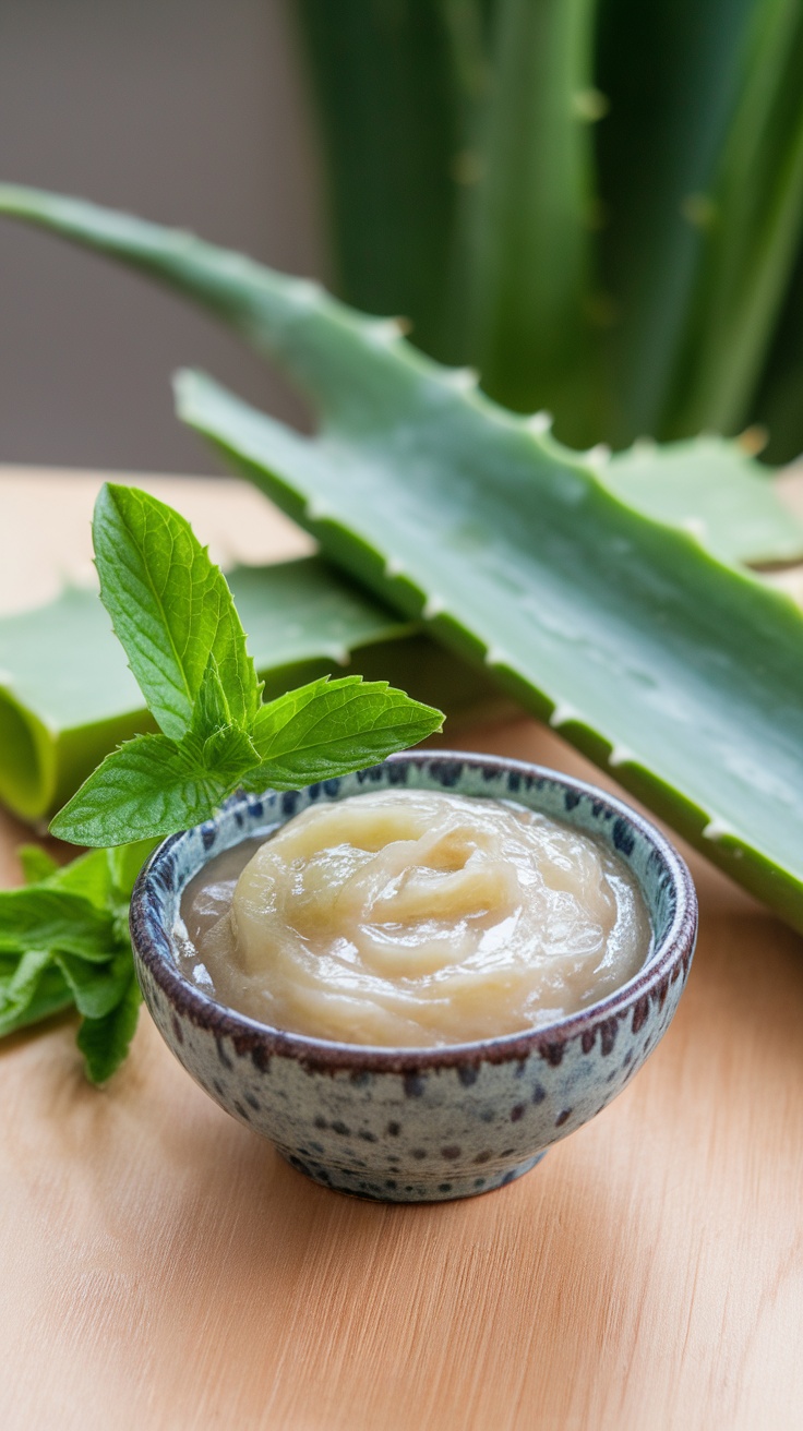 A bowl of aloe vera gel with fresh lemon balm leaves and aloe vera plant in the background.