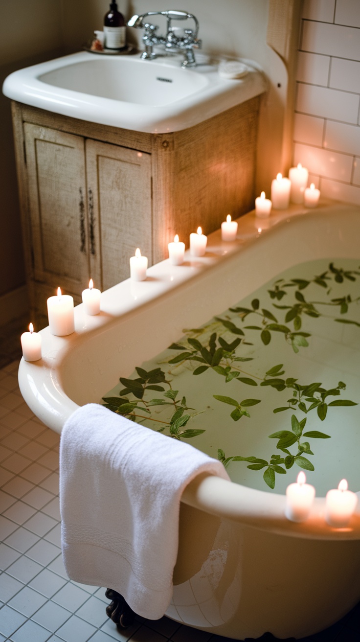 A cozy bathroom scene with a bath filled with water and lemon balm leaves, surrounded by lit candles.