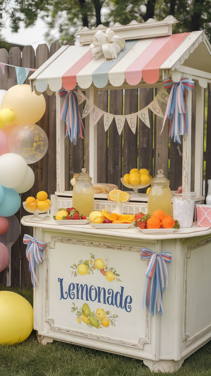 A charming lemonade stand decorated with fruits and colorful ribbons.