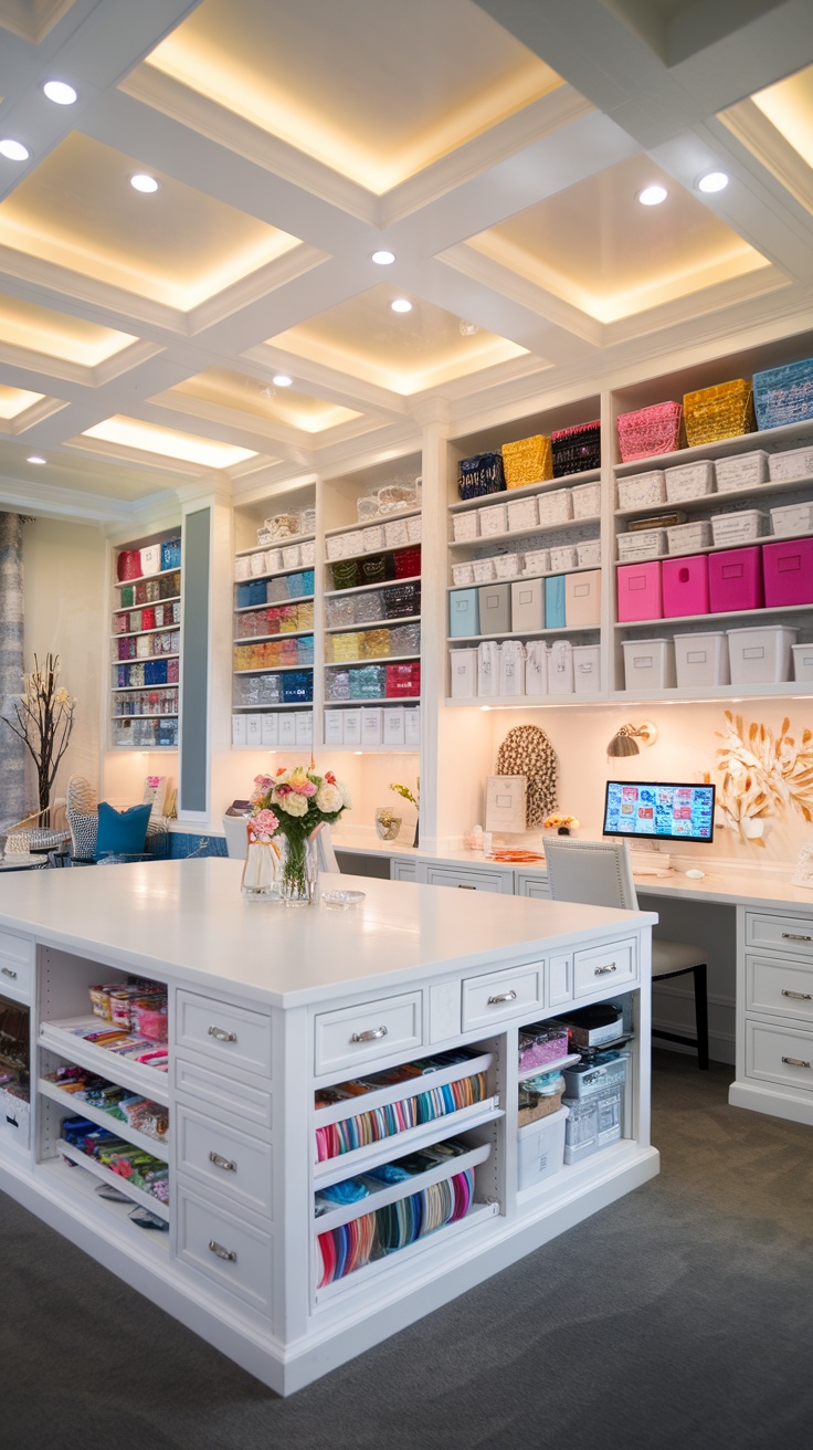 A bright and organized craft room with ample lighting and colorful supplies.