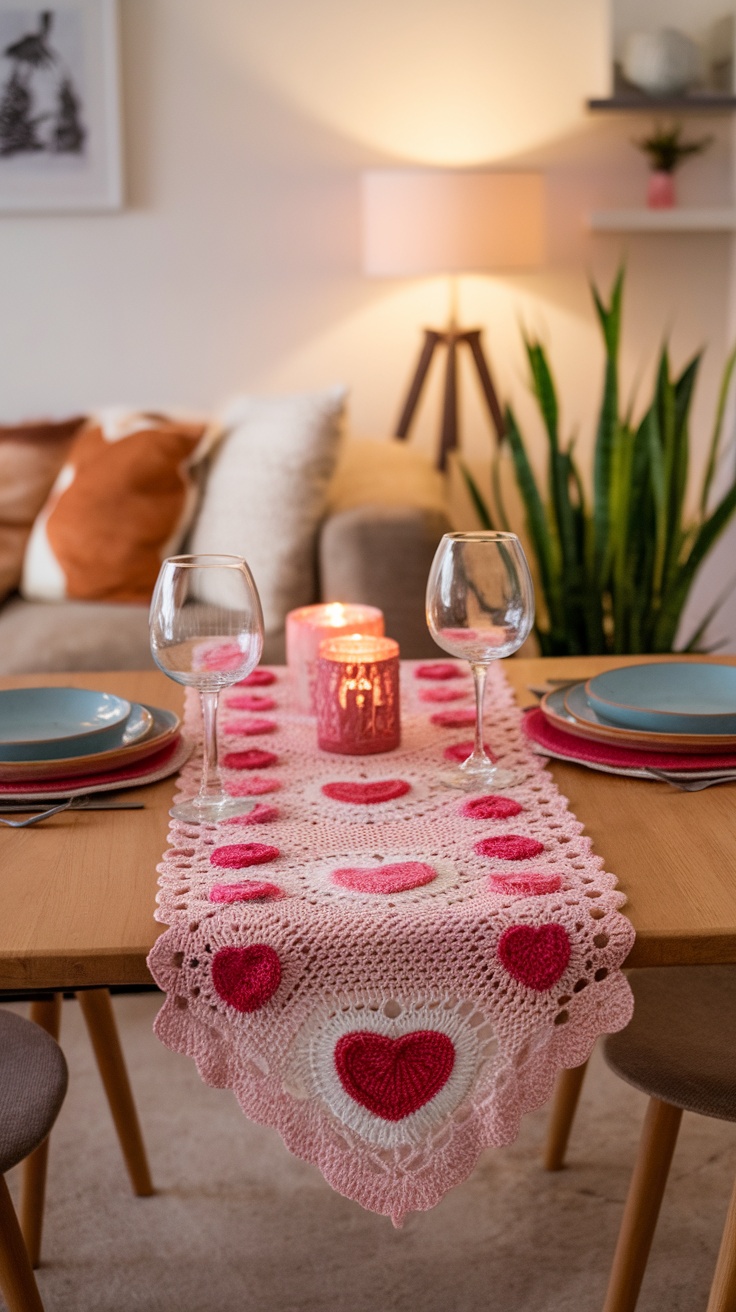 A beautifully crocheted table runner with heart patterns, set on a dining table with candles and glasses.