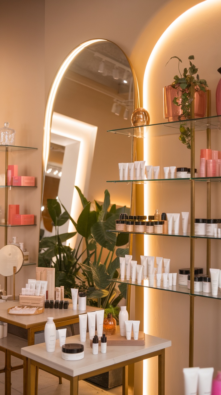 Brightly lit skincare boutique with shelves of skincare products and plants.