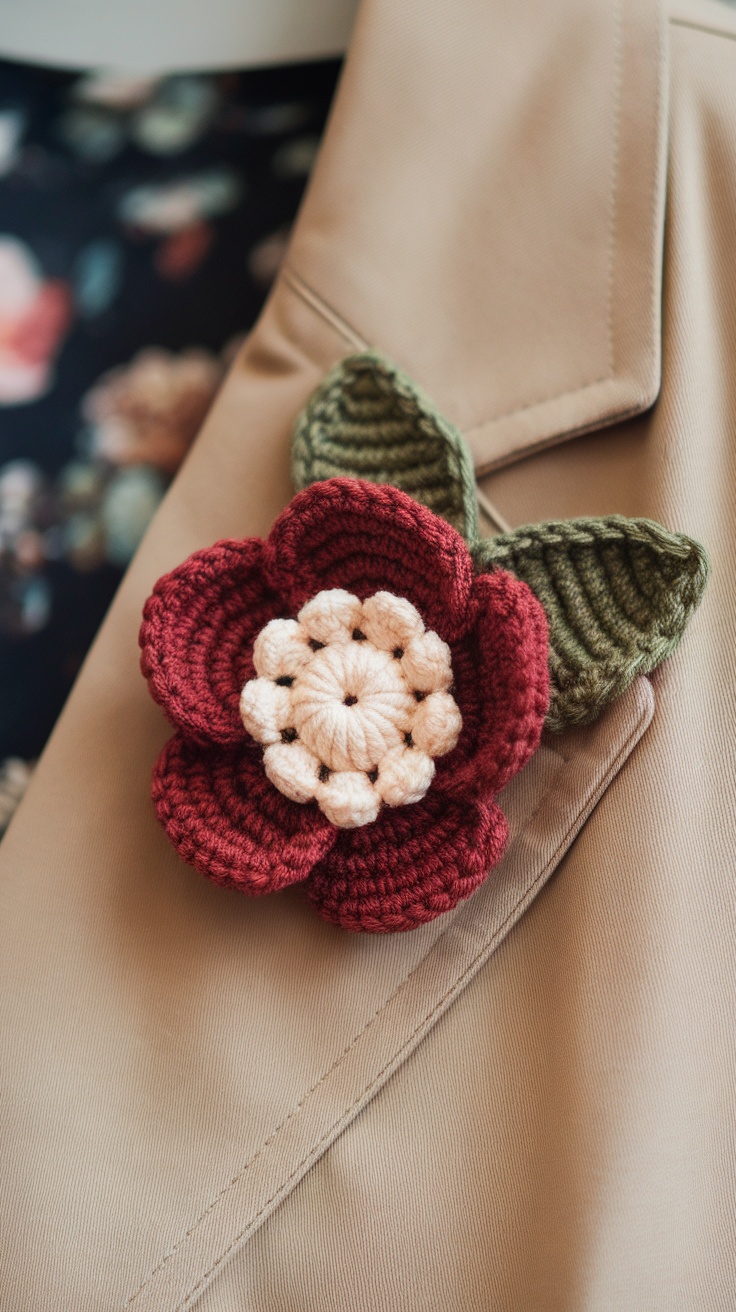 A beautifully crafted crochet flower brooch featuring red and cream petals with green leaves.