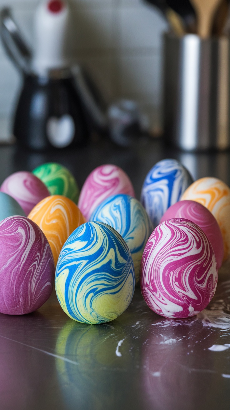 Colorful marbleized Easter eggs in various shades