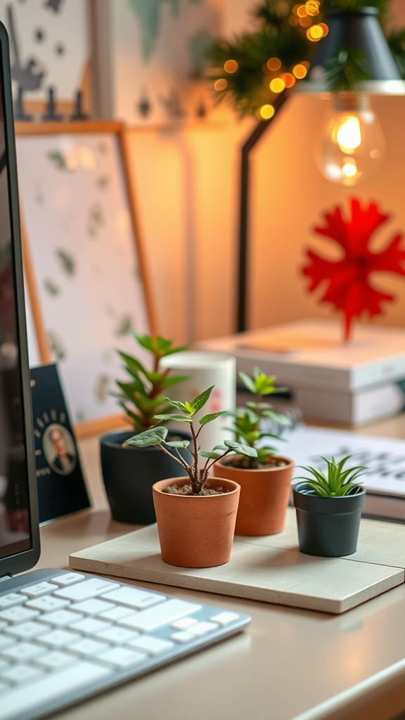 Four mini potted plants on a wooden desk, decorated for Christmas.