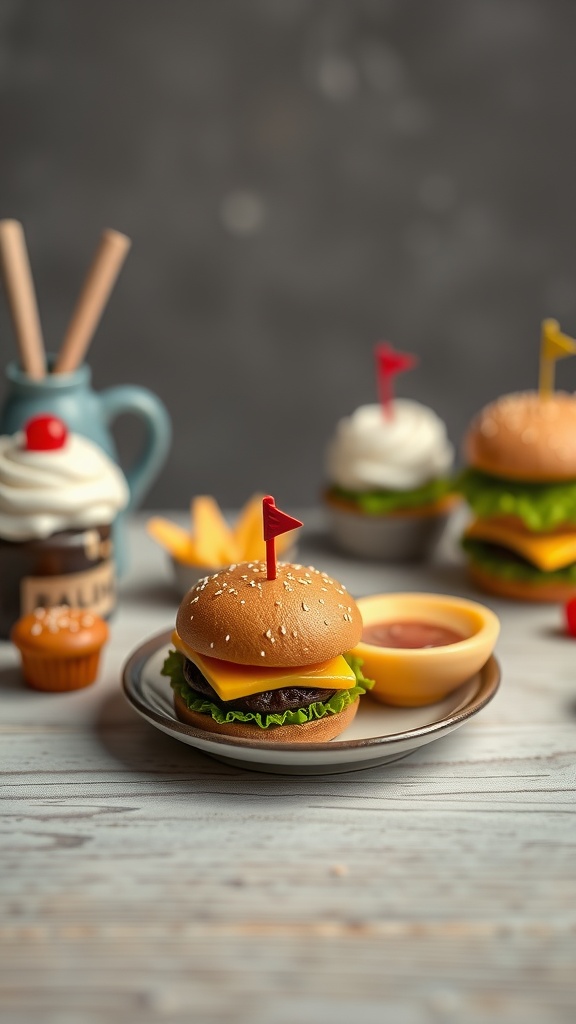 Miniature clay food items including a tiny burger with cheese, fries, a cupcake, and a bowl of sauce. - Craft your own adorable miniature clay food creations with air dry clay. These tiny burgers, fries, and desserts are a fun and creative way to add charm to your decor or handmade gifts. Perfect for beginners looking to try a new craft, these realistic mini food items make great keychains, display pieces, or playful accessories. Save this idea for your next DIY project.
