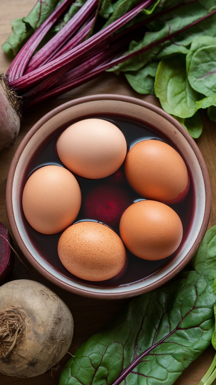 Easter eggs soaking in vegetable dye with beets and greens nearby.