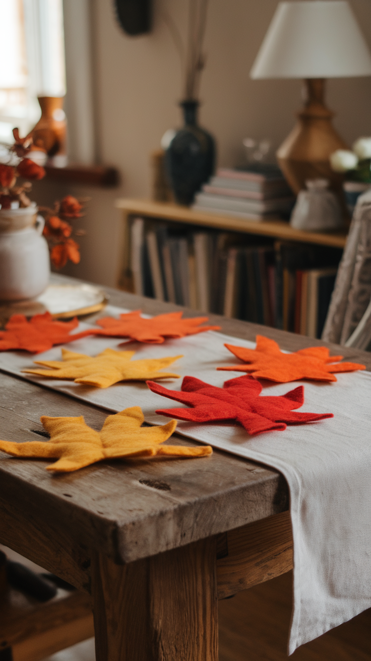 A collection of colorful felt leaf ornaments spread out on a linen table runner