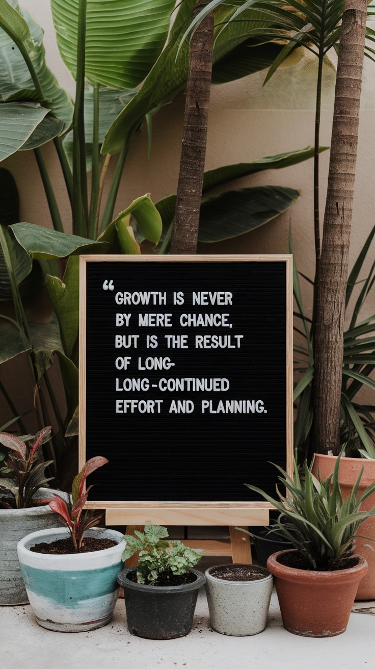 A letter board with a quote about growth surrounded by potted plants.