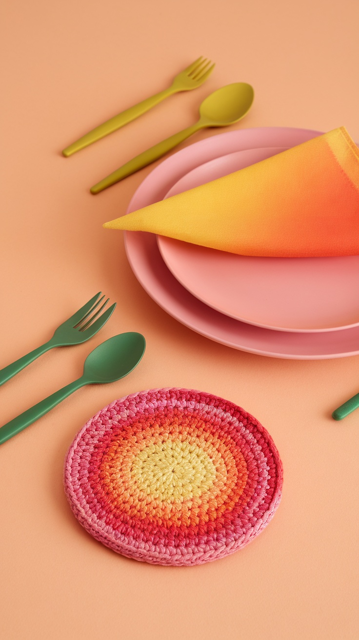 Ombre color block crochet coaster on a peach background with cutlery and plates