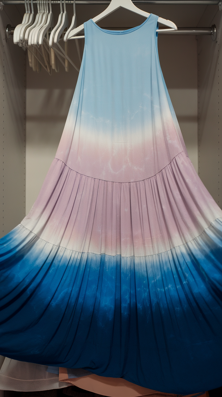 A blue ombre fade tie dye dress hanging against a scenic backdrop.