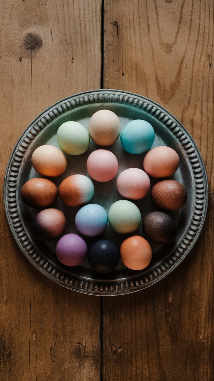 A plate of beautifully decorated ombre style Easter eggs in various pastel colors.