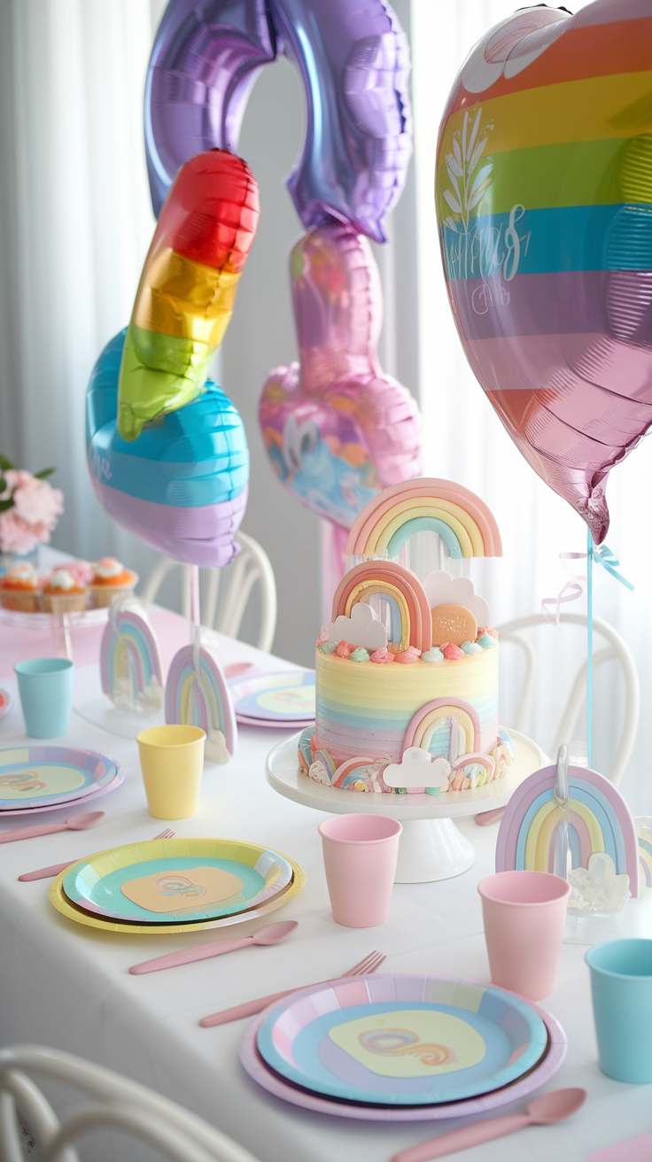 A beautifully arranged table for a pastel rainbow celebration with colorful balloons, plates, and a rainbow-themed cake.