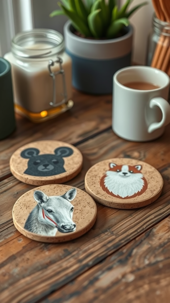 Three personalized coasters with humorous text next to a glass of drink and a bottle