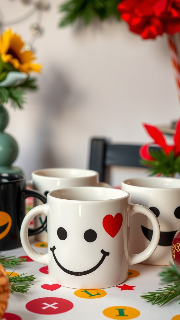 A collection of colorful personalized coffee mugs displayed on a festive table with Christmas decorations.