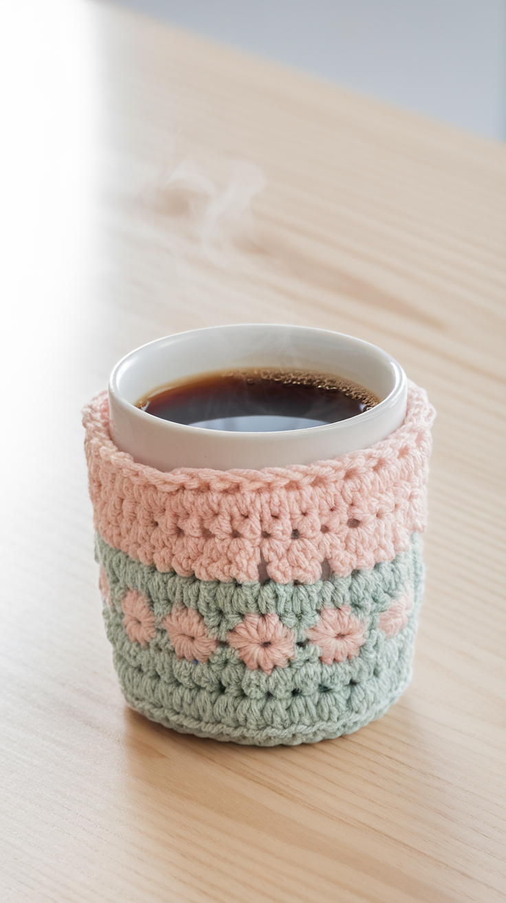A pink and green crochet coffee sleeve on a cup of coffee.