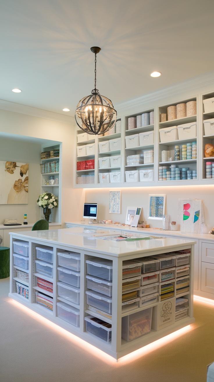A well-organized and stylish craft room featuring a large central table, shelves with neatly arranged supplies, and a decorative light fixture.