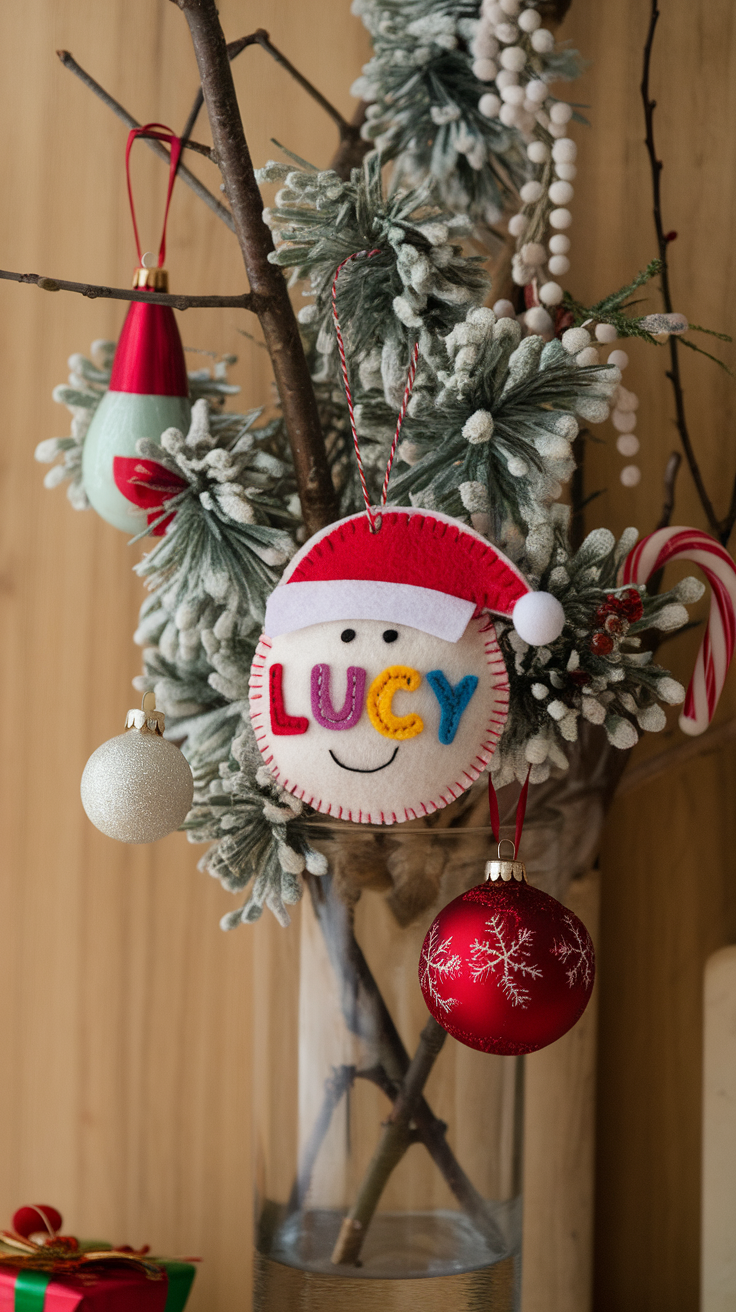 A personalized felt name ornament with the name 'LUCY', decorated with a Santa hat, hanging on a decorative branch.