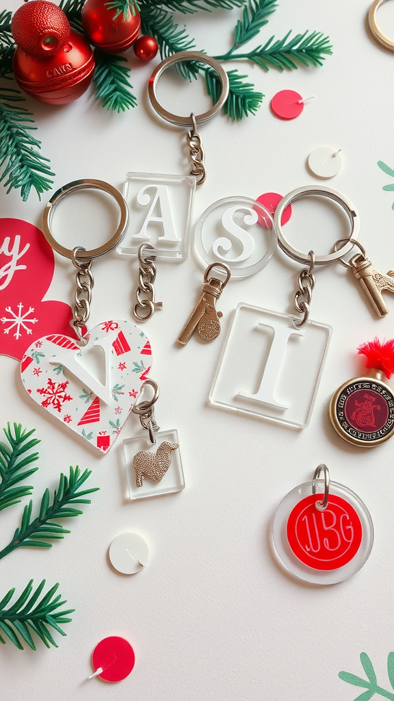 Colorful personalized keychains with names and holiday decorations