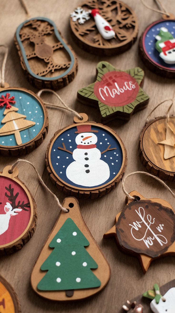 A variety of hand-painted wooden ornaments featuring winter themes like snowmen, Christmas trees, and reindeer.