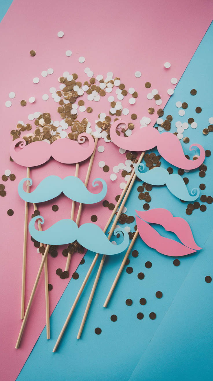 Props for a photo booth for a gender reveal party.