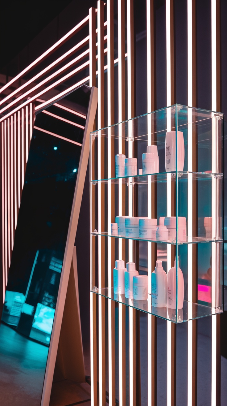 A stylish skincare display with illuminated shelves and a mirror.