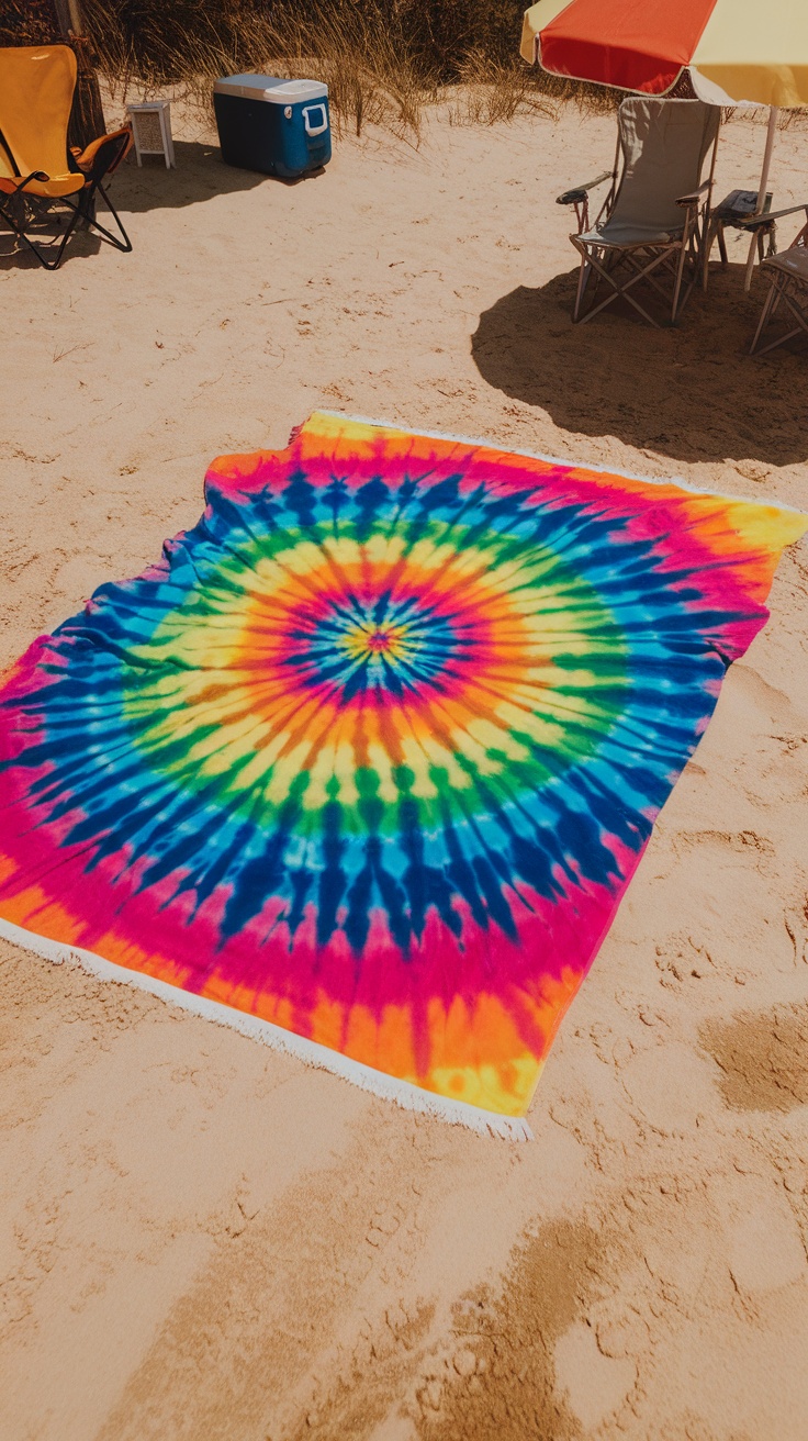 A colorful rainbow burst tie dye blanket on the beach sand.