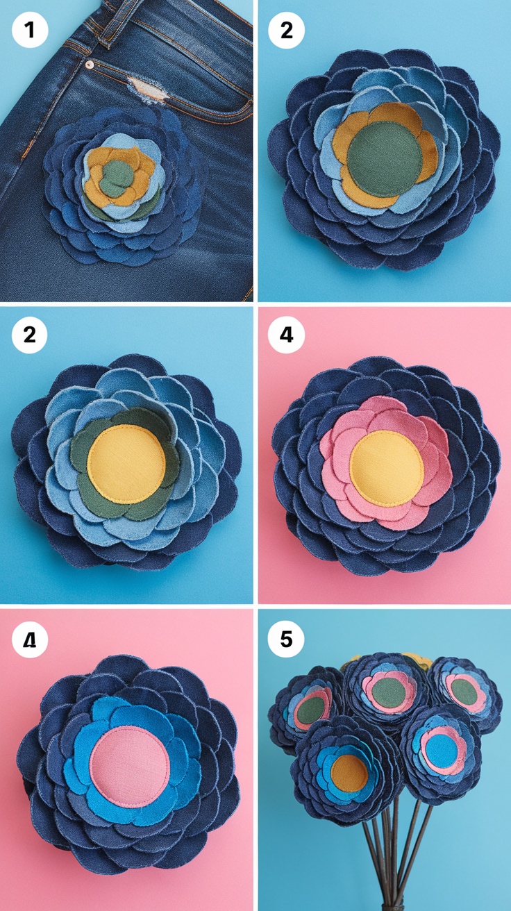 Steps to create denim flowers from old jeans
