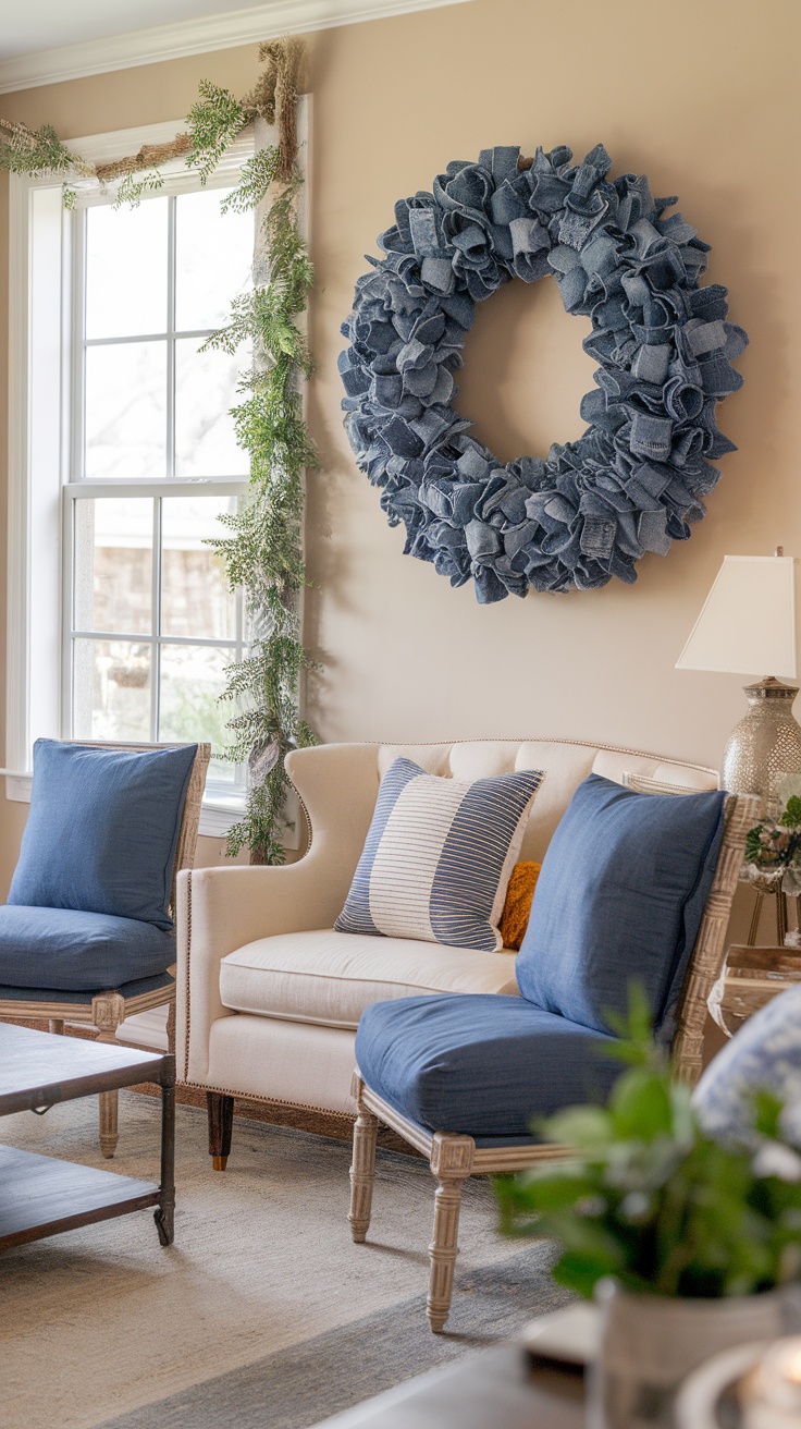 A cozy living room featuring a denim flower wreath on the wall, complemented by blue accent pillows and a warm ambiance.