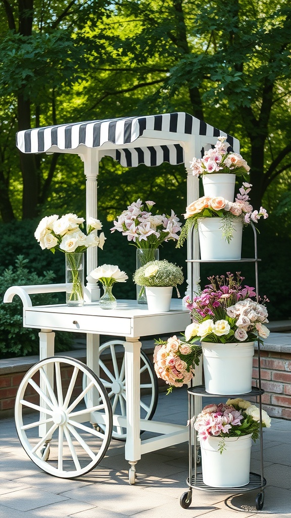 A charming flower stand displaying colorful seasonal flowers.