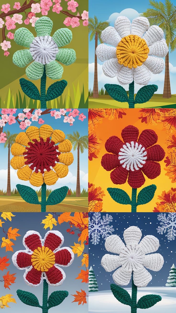 A collage of crochet flowers representing different seasons.