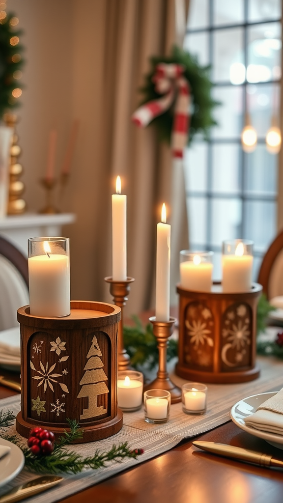 Beautiful wooden candle holders decorated for Christmas with candles and greenery on a dining table.