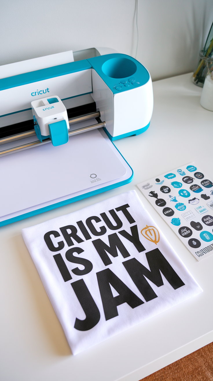 Cricut machine with a custom t-shirt that says 'CRICUT IS MY JAM'.