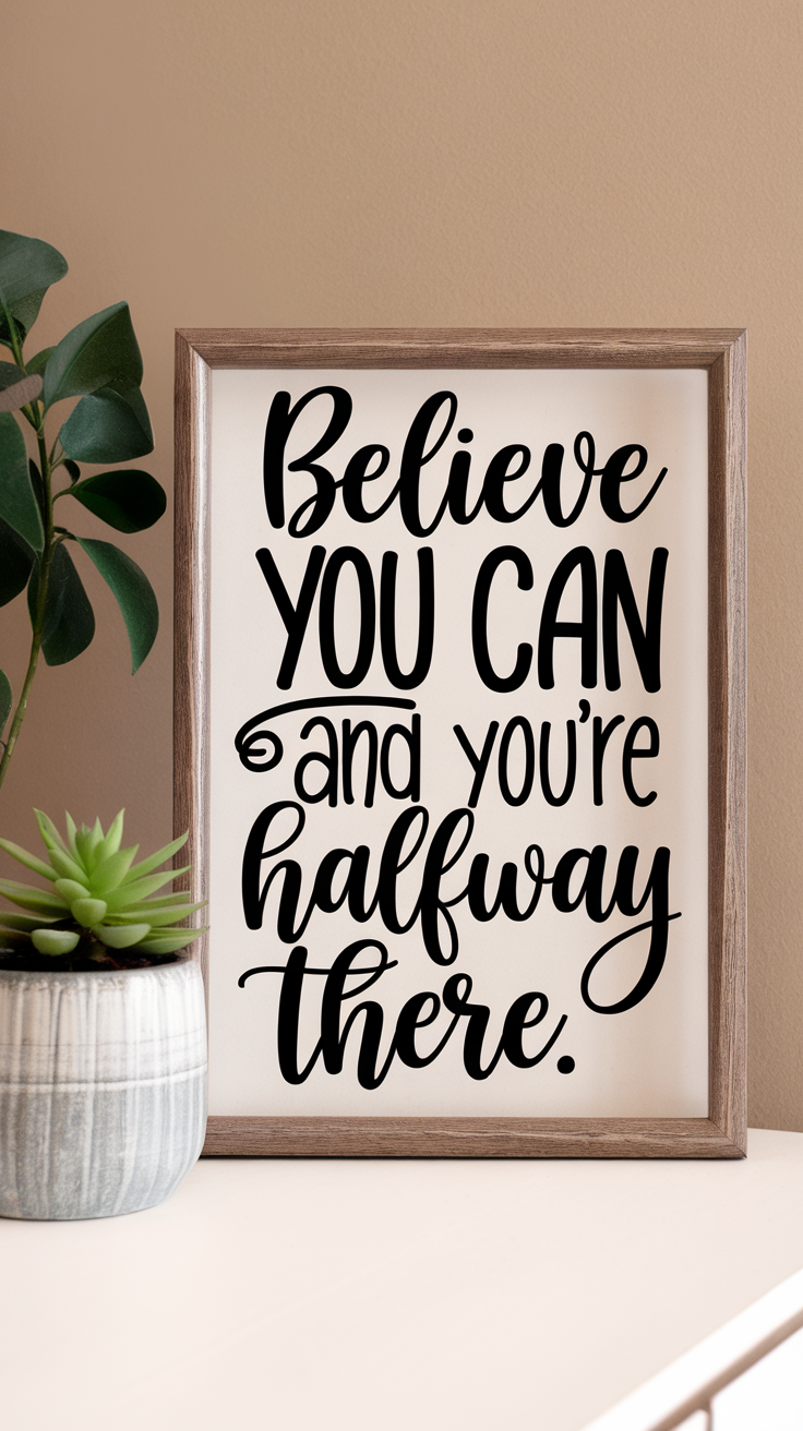 A framed quote that says 'Believe you can and you're halfway there.'