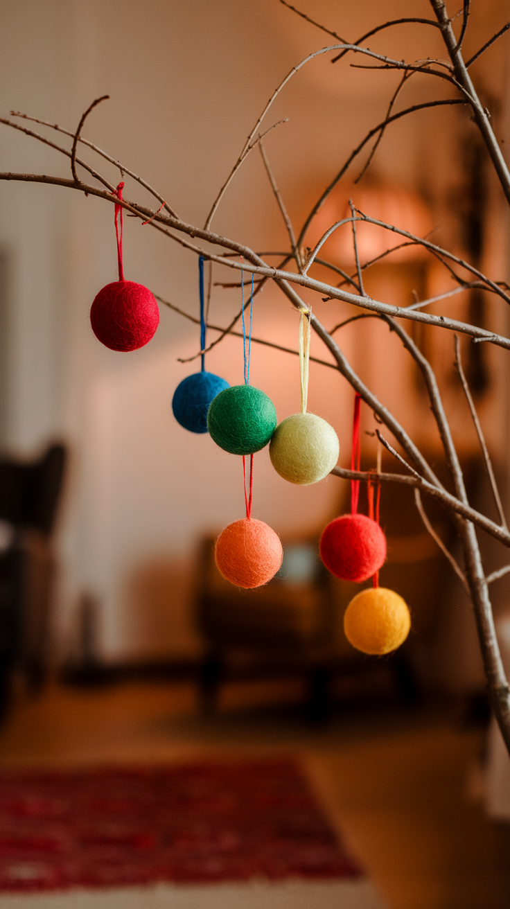 Colorful felt bauble ornaments hanging from a branch