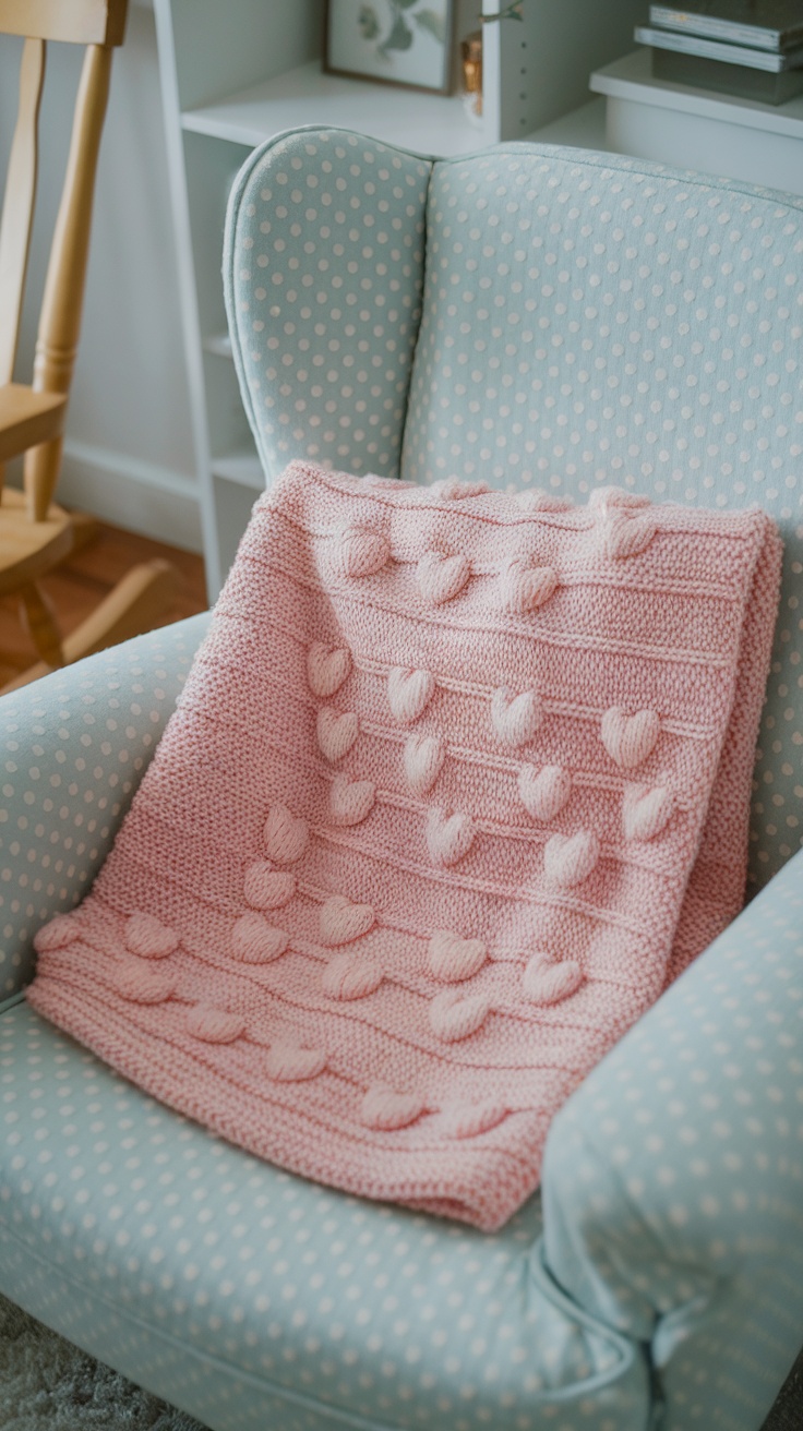 A knitted baby blanket in soft pink with heart patterns, draped over a chair.