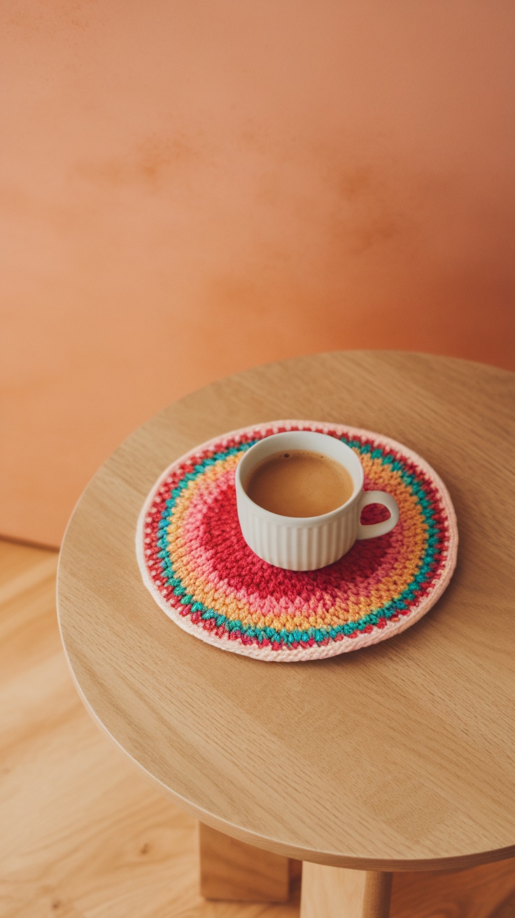 Colorful round crochet coaster with a coffee cup on a wooden table.