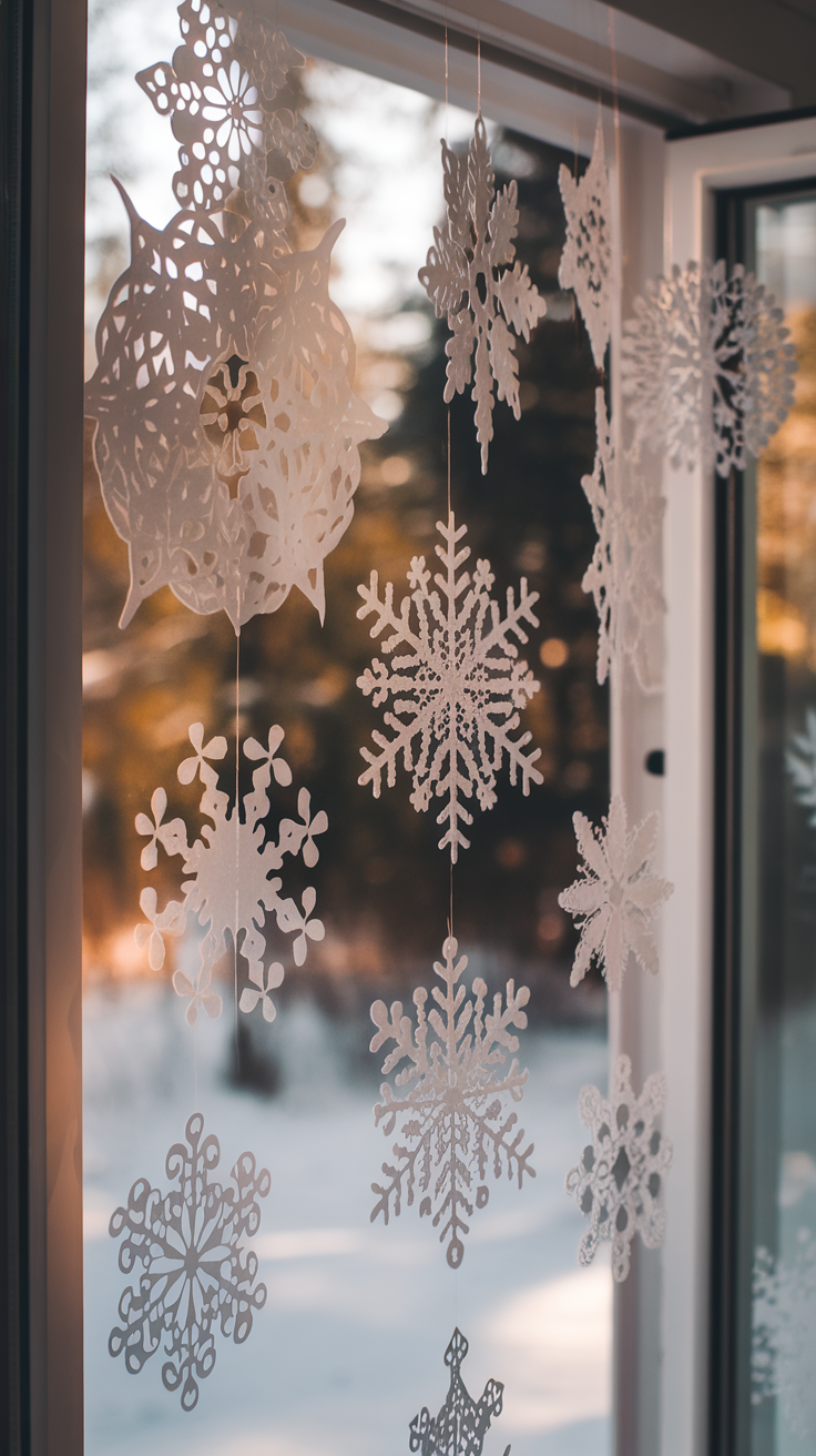 Decorative paper snowflakes hanging in a window.