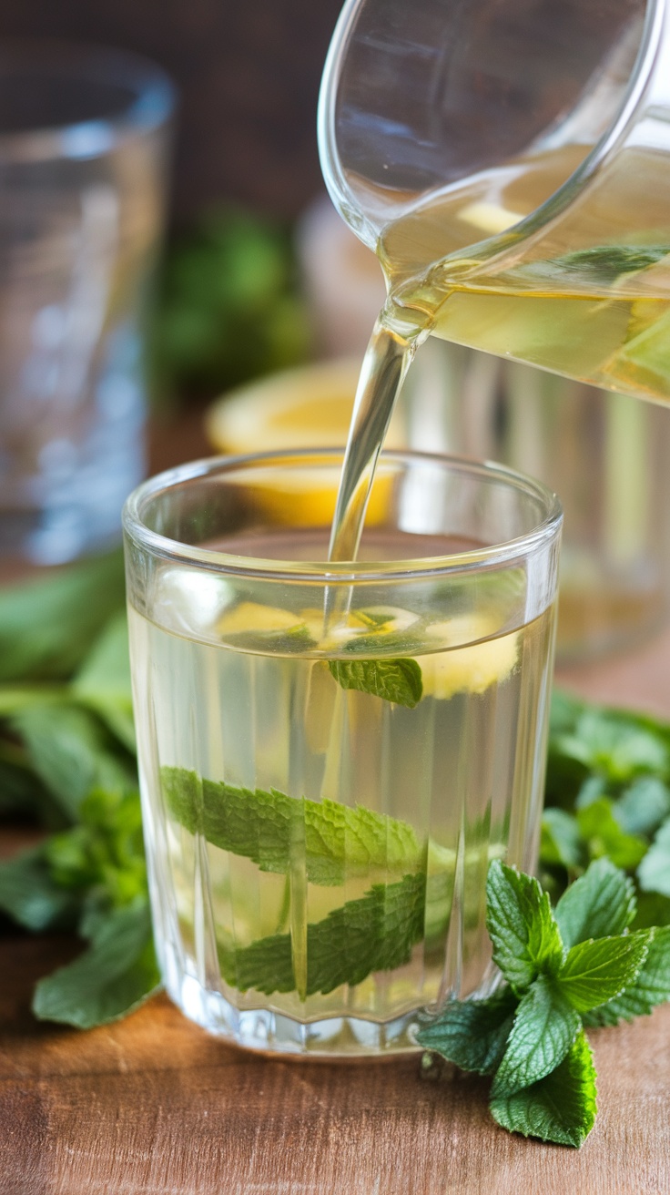 A refreshing glass of lemon balm infusion with mint leaves.