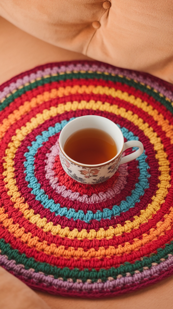 A colorful spiral crochet coaster with a cup of tea on top.