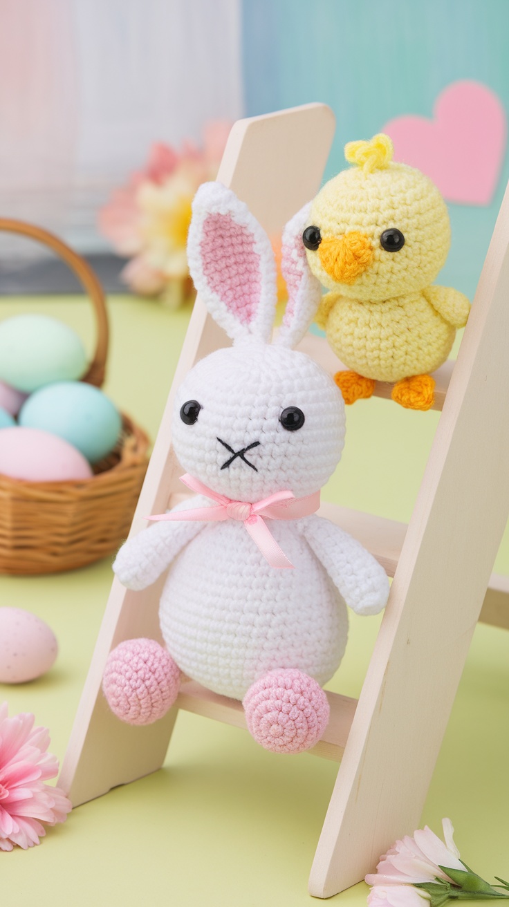 Crochet bunny and chick on a wooden ladder with pastel eggs and flowers.