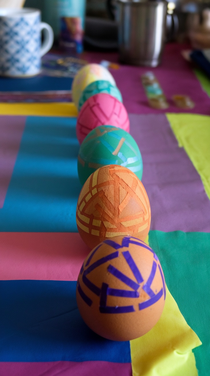 Colorful Easter eggs decorated with tape patterns on a vibrant table.