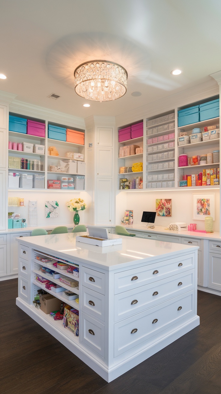 A bright and organized craft room with storage solutions, showcasing colorful bins and spacious counters.