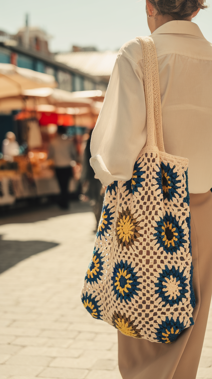 Colorful crochet tote bag displayed in a market setting