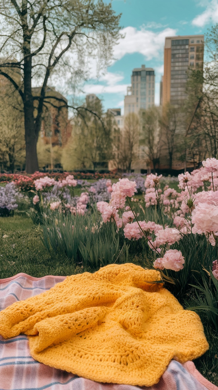 A yellow crochet blanket laid on a checkered blanket amidst blooming flowers in a park.