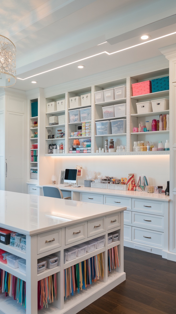 A modern craft room with organized shelves, a clean workstation, and colorful supplies.