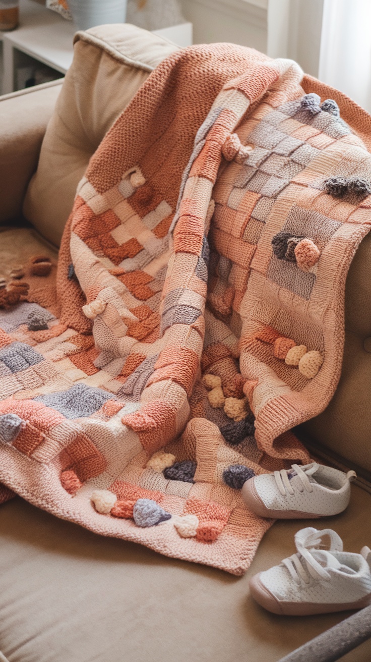 A beautifully knitted baby blanket featuring a textured basketweave design in soft pastel colors.